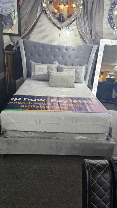 Queen Bed Frame grey Velvet (CLEARANCE)